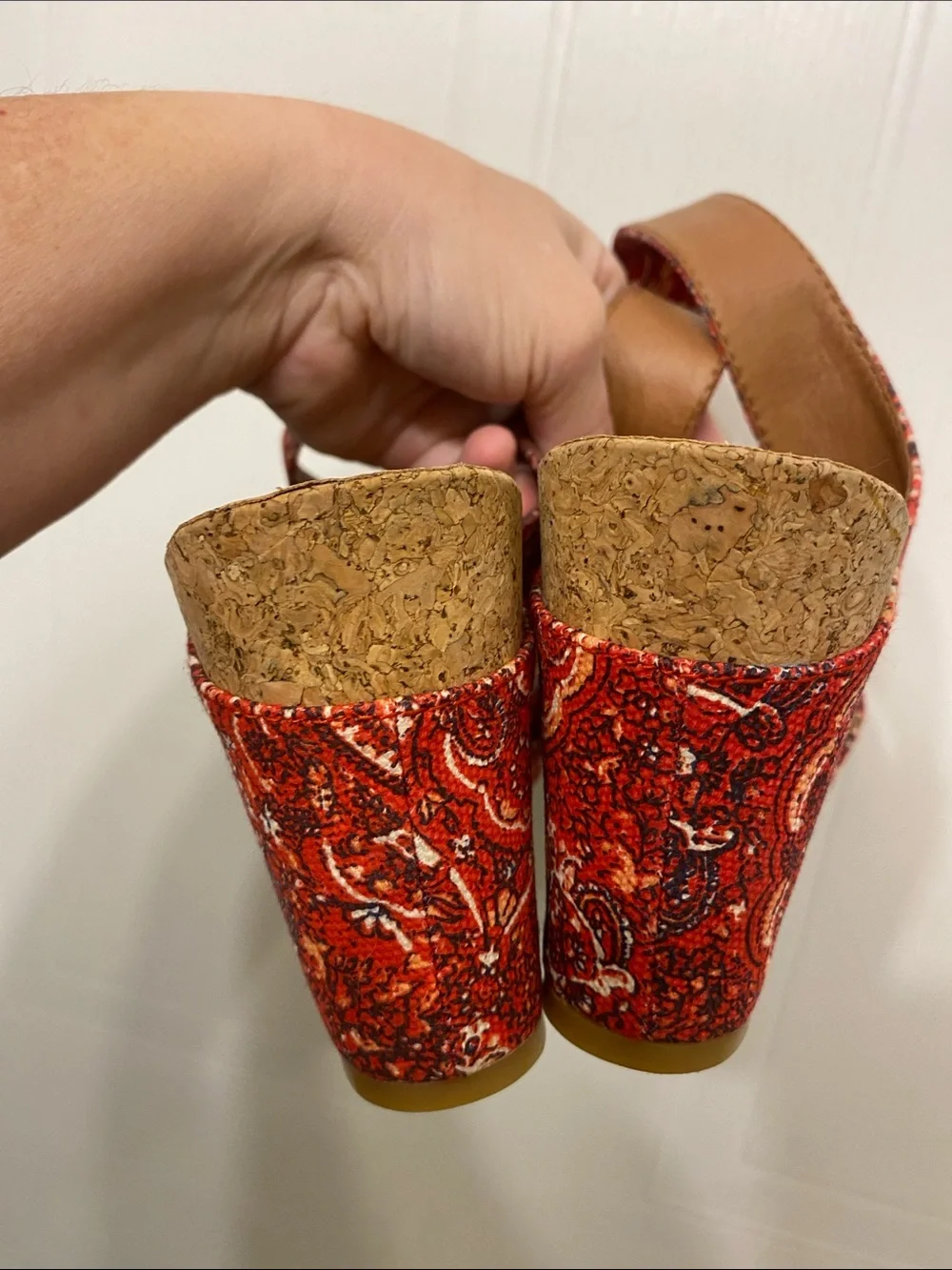 Lucky Brand Red Paisley Cork Wedge Sandals